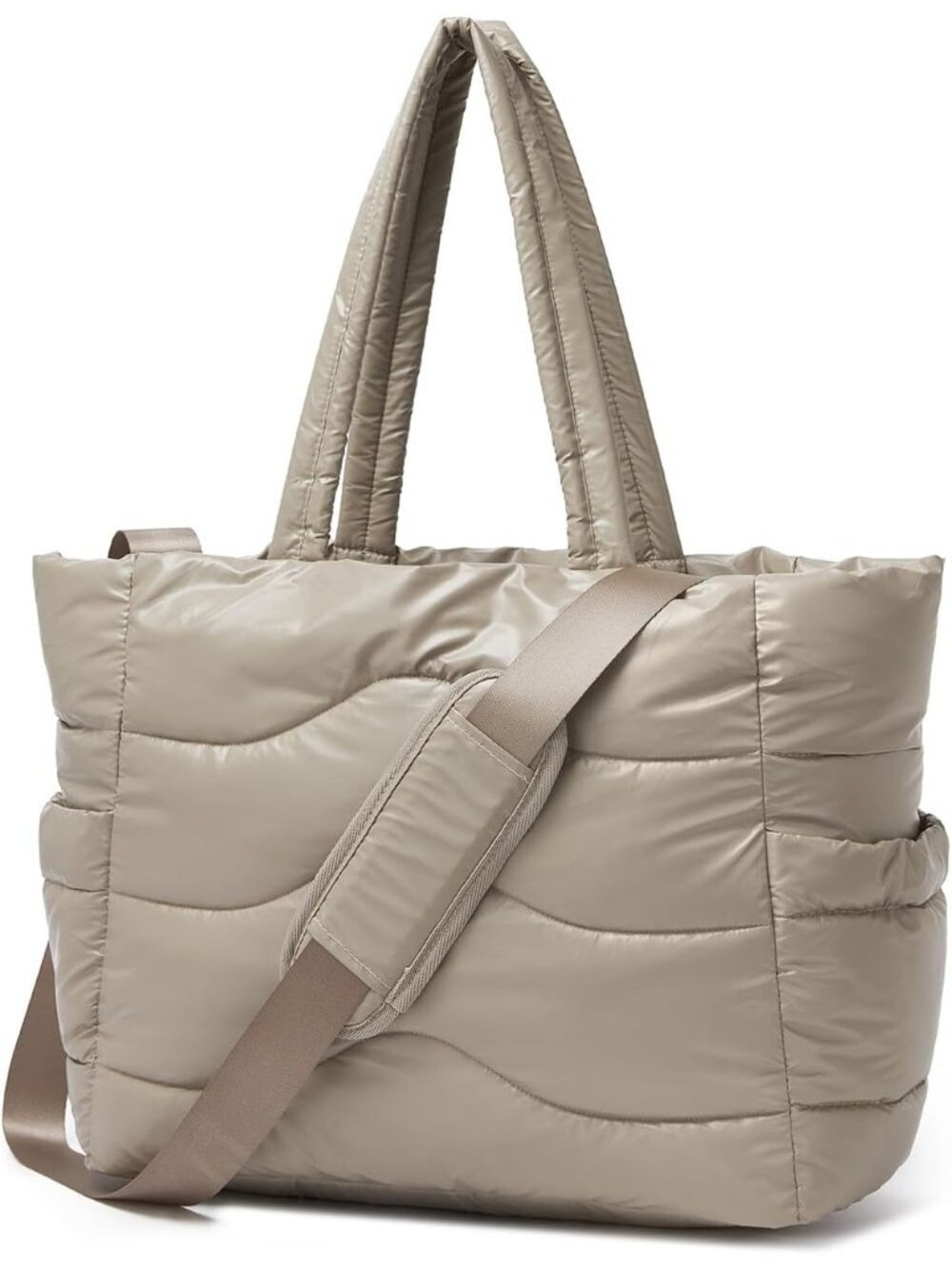 Women's Greige Polyester Zipper Stylish Quilted Puffer Tote Shoulder Bag